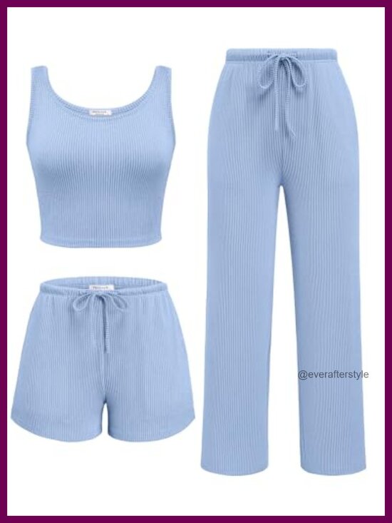 Other - 3 Piece Lounge Set Twisted Rib Knit Crop Top Shorts & Pants Set